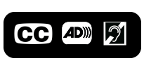 Accessibility icons for closed captions, audio description narration, and assistive listening respectively