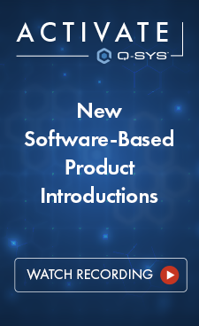 图片文字：基于软件的新产品介绍，观看视频。Activate Q-SYS徽标