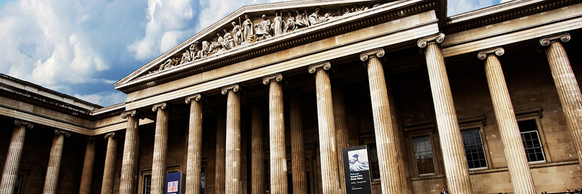 View of Roman-inspired pillared entrance to the British Museum